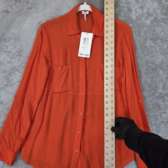 Splendid Shirt Womens XS Orange Double Pocket Button Up Sheer Rayon Blouse Top - Picture 7 of 13